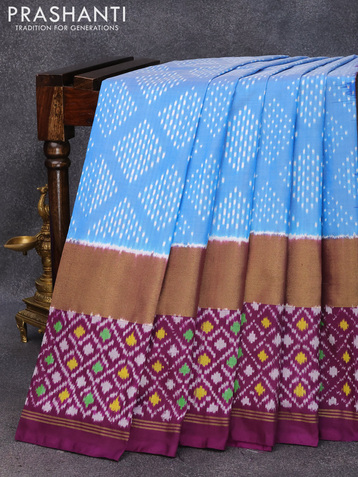 Pochampally silk saree blue and purple with allover ikat butta weaves and long zari woven ikat style border