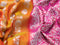 Venkatagiri silk saree dual shade of mustard yellow and pink with allover floral silver zari woven weaves and long peacock design silver zari woven border