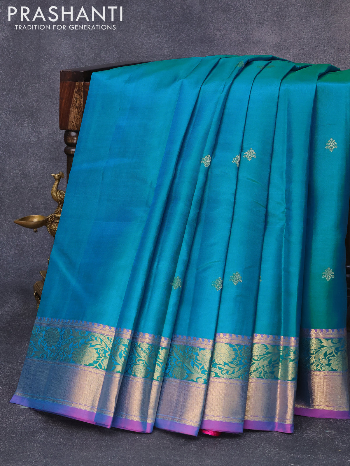 Pure kanjivaram silk saree teal blue and pink with zari woven buttas and floral zari woven border