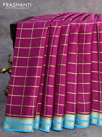 Pure mysore silk saree purple and cs blue with allover zari checked pattern and zari woven border