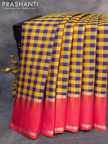 Pure soft silk saree yellow blue and dual shade of pinkish orange with allover paalum pazhamum checked pattern and rettapet zari woven border