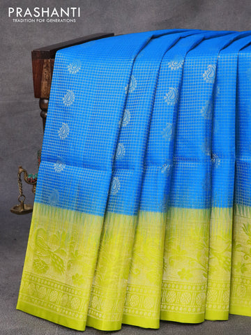 Pure soft silk saree cs blue and lime green with allover small zari checks & buttas and long zari woven border