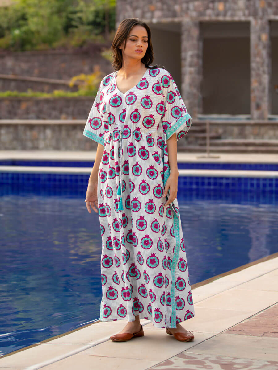 Summer Cocktail Block Printed Cotton Kaftan