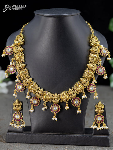 Antique necklace lakshmi design kemp and cz stone with pearl hangings