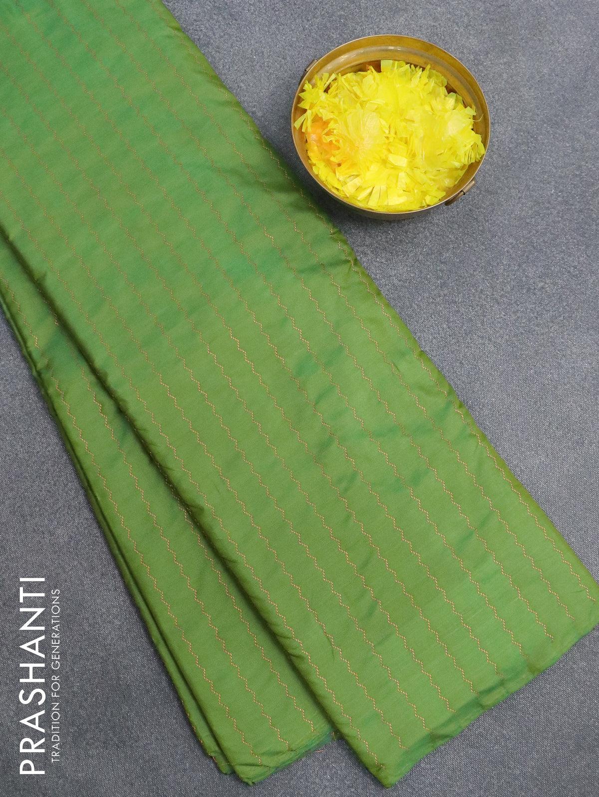 Arani semi silk saree green and dual shade of pink with allover zari weaves in borderless style