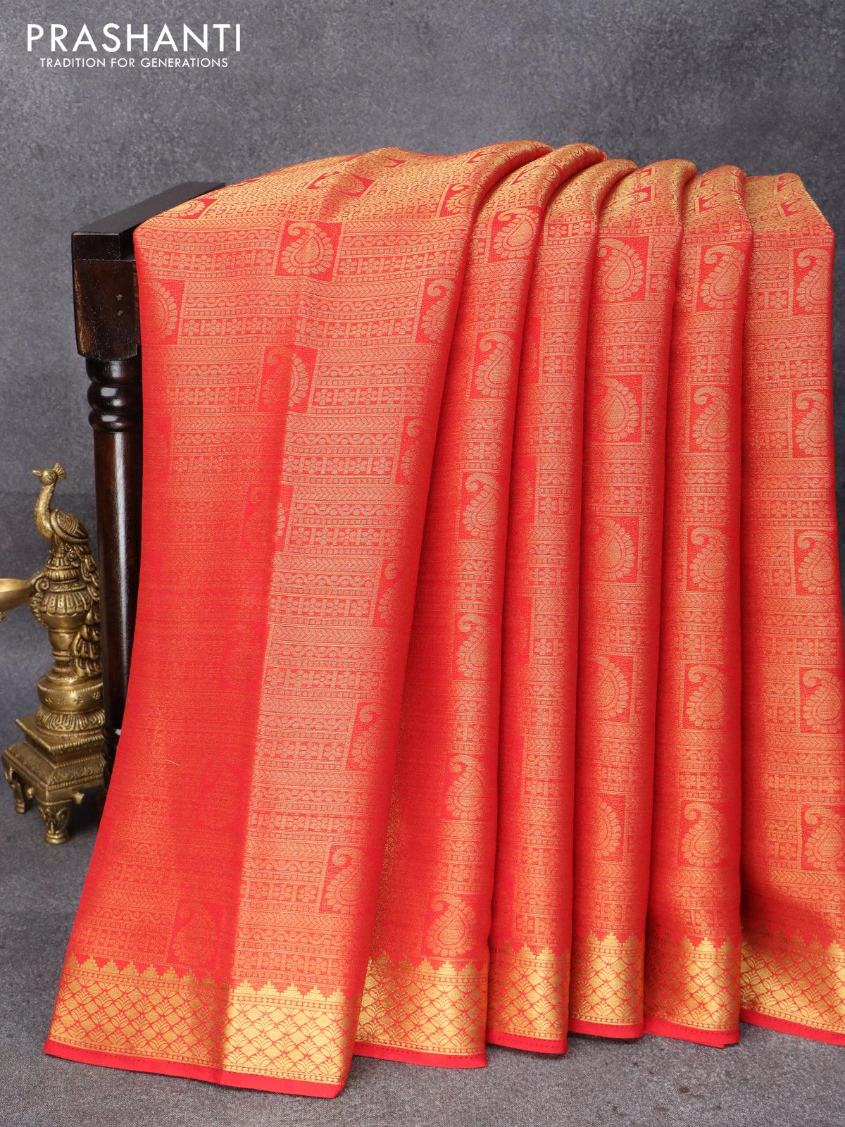 Art chiffon saree red with allover zari woven brocade weaves and zari woven border