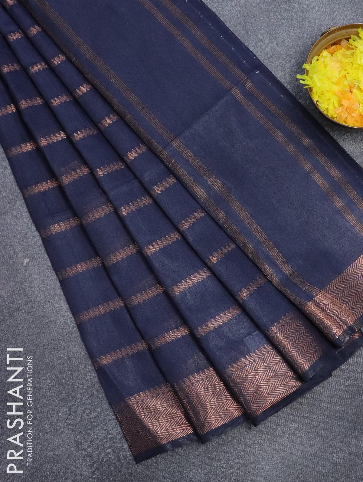 Bamboo silk saree dark blue with allover copper zari weaves and copper zari woven border