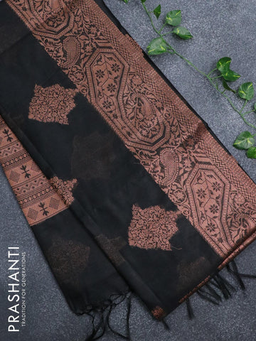 Banarasi cotton saree black with copper zari woven buttas and piping border