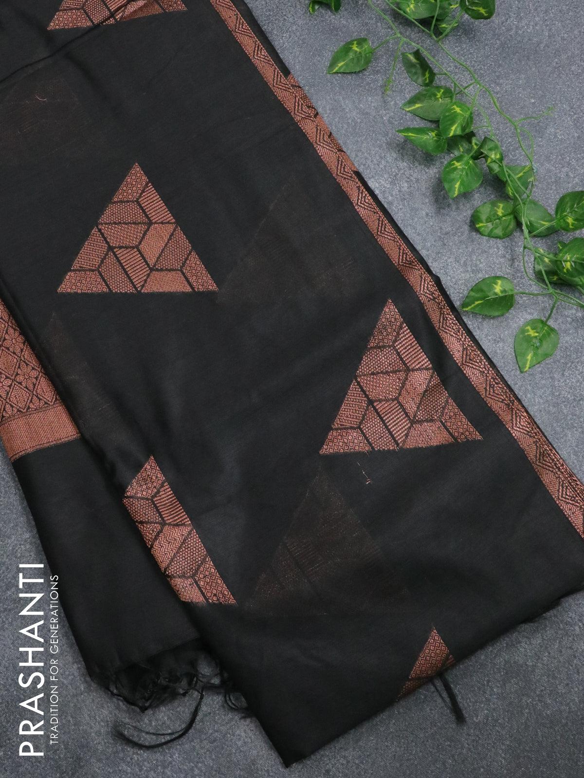 Banarasi cotton saree black with copper zari woven geometric buttas and piping border