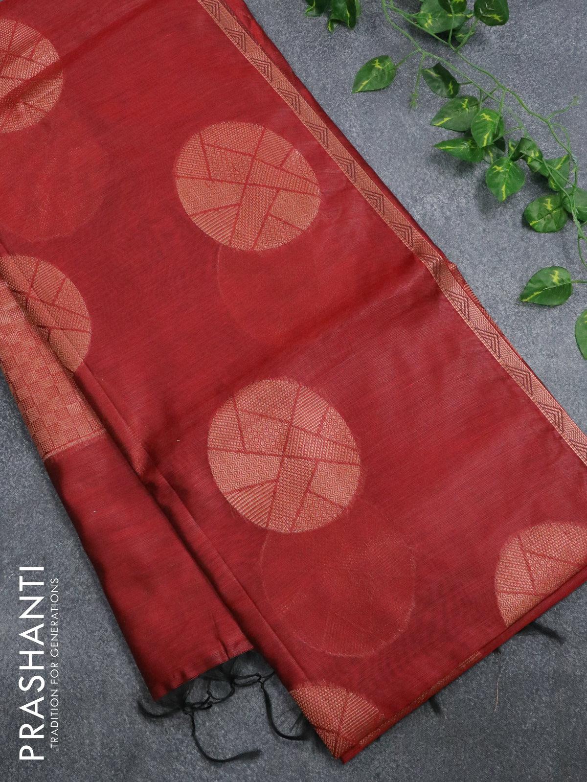 Banarasi cotton saree maroon with copper zari woven buttas and piping border