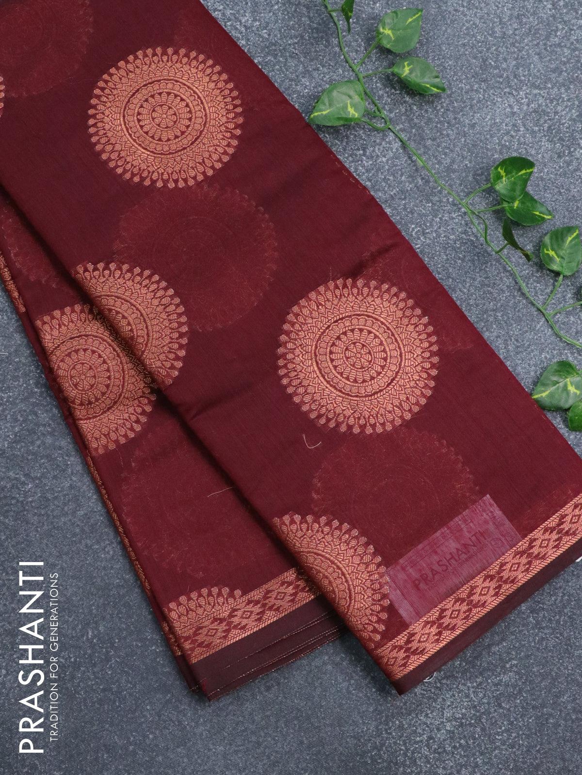 Banarasi cotton saree maroon with copper zari woven buttas and small zari woven border