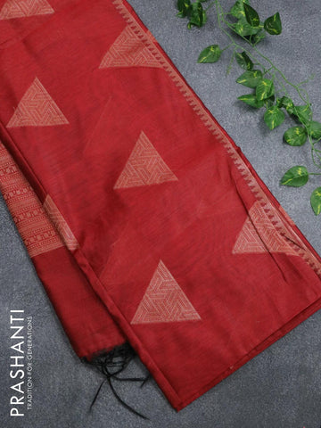 Banarasi cotton saree maroon with copper zari woven geometric buttas and piping border