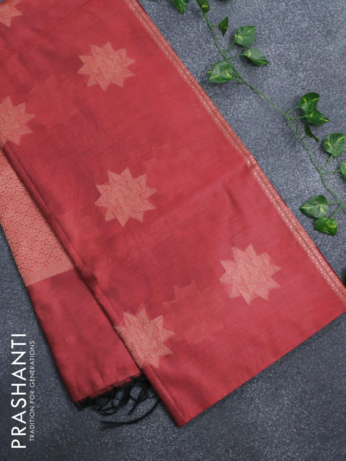 Banarasi cotton saree maroon with copper zari woven geometric buttas and piping border