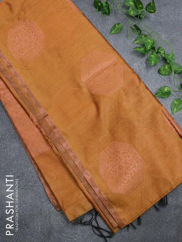 Banarasi cotton saree mustard yellow with copper zari woven buttas and piping border