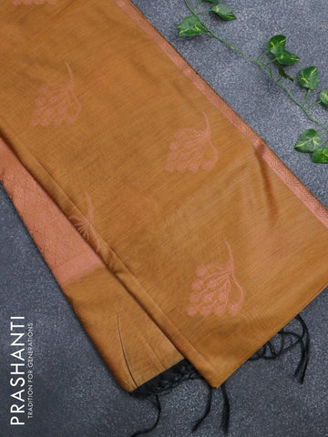 Banarasi cotton saree mustard yellow with copper zari woven buttas and piping border