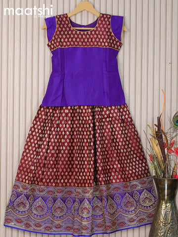 Banarasi kids lehanga blue and maroon with patch work neck pattern and allover zari buttas & zari woven border for 9 years