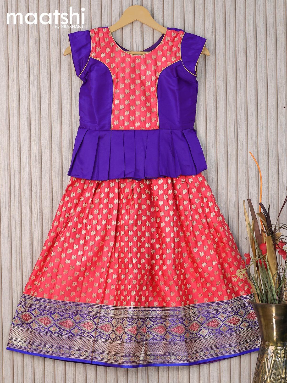 Banarasi kids lehanga blue and pink shade with patch work neck pattern and allover zari buttas & zari woven border for 7 years