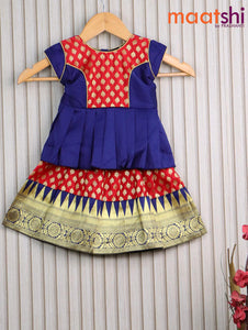 Banarasi kids lehanga blue and red with patch work neck pattern and allover butta weaves & temple design zari border for 0 year