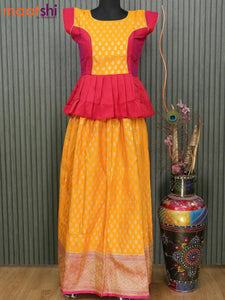 Banarasi kids lehanga dual shade of pink and mango yellow with patch work neck pattern and self emboss zari weaves & long zari border for 15 years