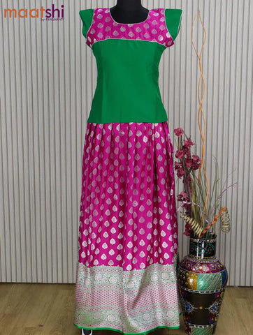 Banarasi kids lehanga green and pink with patch work neck pattern and self emboss zari buttas & long zari border for 14 years