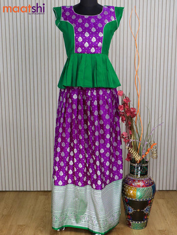 Banarasi kids lehanga green and purple with patch work neck pattern and self emboss zari weaves & long zari border for 14 years