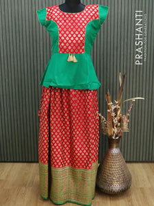 Banarasi kids lehanga green and red with patch work neck pattern and allover zari buttas & long zari border for 16 years