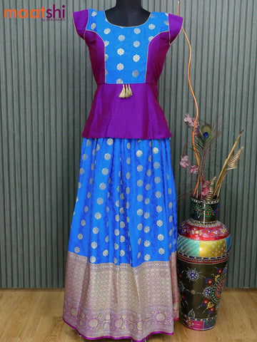 Banarasi kids lehanga magenta pink and cs blue with patch work neck pattern and allover zari butta weaves & long zari border for 14 years