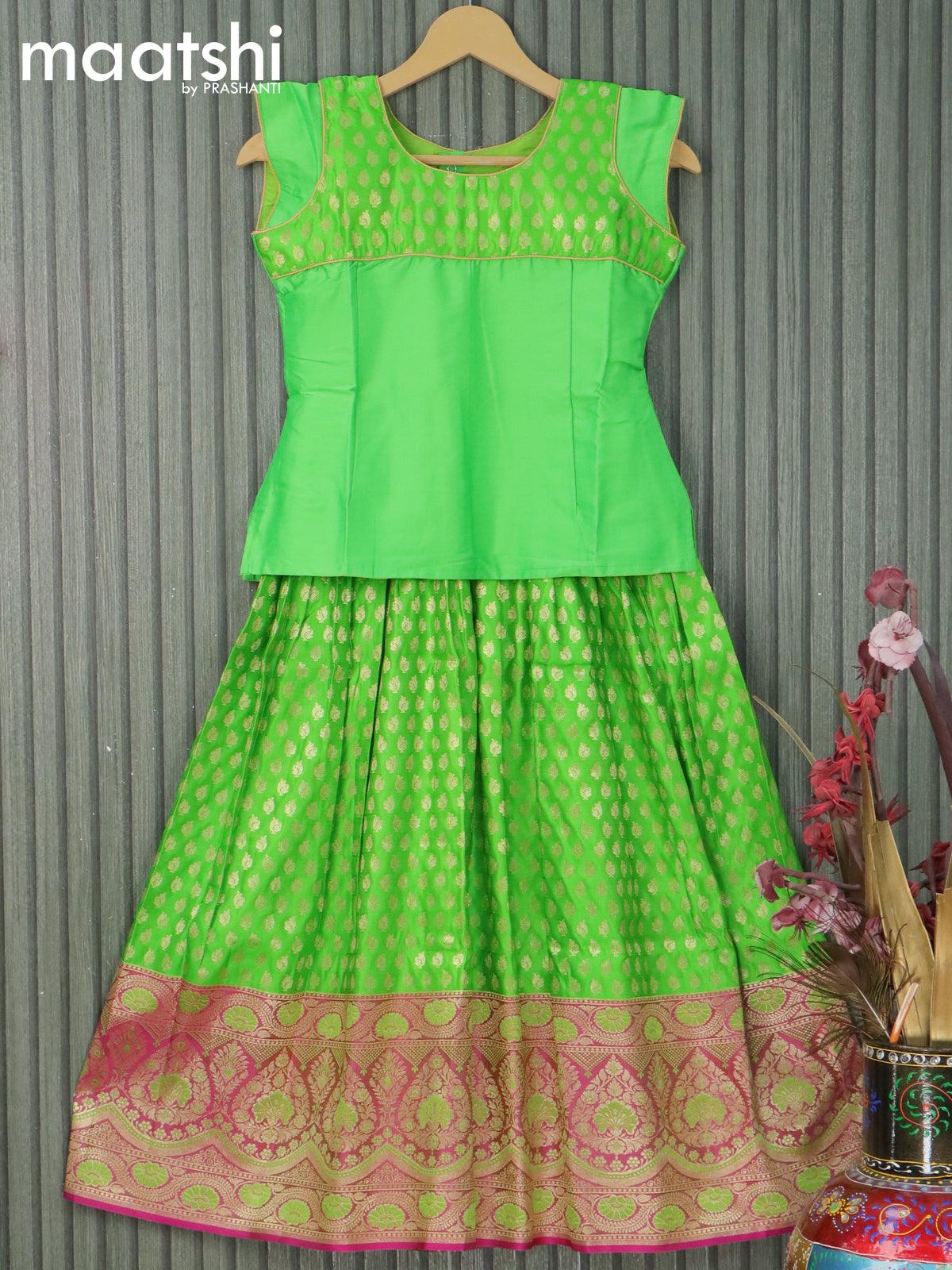 Banarasi kids lehanga parrot green and pink with patch work neck pattern and allover zari buttas & zari woven border for 9 years