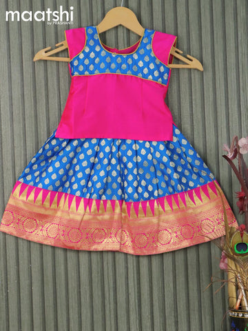 Banarasi kids lehanga pink and cs blue with patch work neck pattern and allover zari buttas & temple design zari woven border for 0-6 months