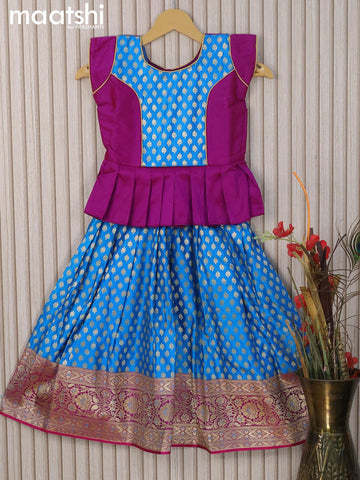 Banarasi kids lehanga purple and cs blue with patch work neck pattern and allover zari buttas & zari woven border for 6 years