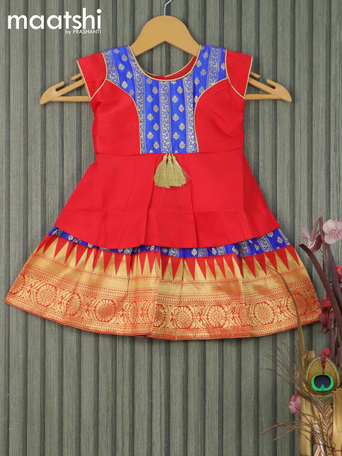 Banarasi kids lehanga red and blue with patch work neck pattern and allover zari weaves & temple design zari woven border for 0-6 months