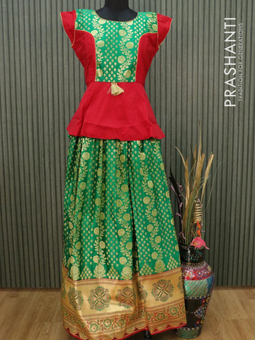 Banarasi kids lehanga red and green with patch work neck pattern and allover zari weaves & floral zari border for 14 years