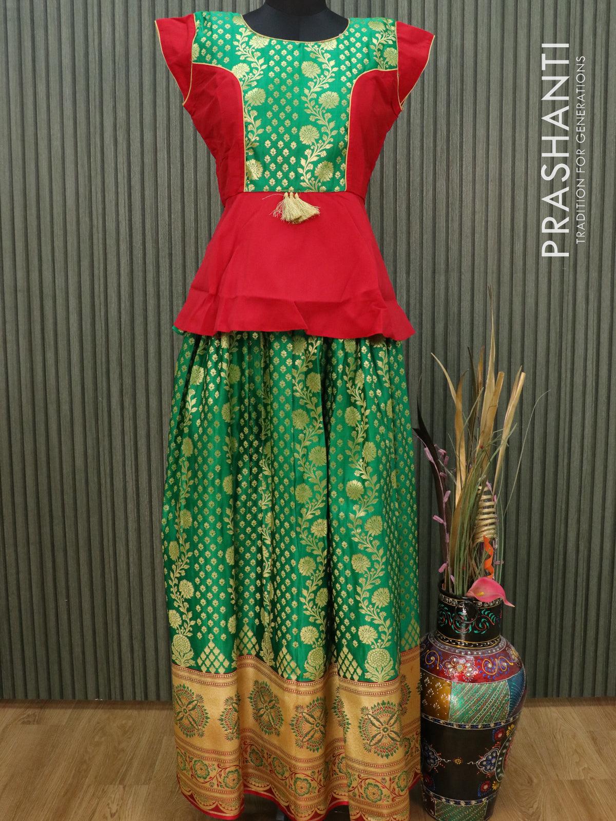 Banarasi kids lehanga red and green with patch work neck pattern and allover zari weaves & floral zari border for 16 years