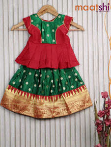 Banarasi kids lehanga red and green with patch work neck pattern and butta weaves & temple design zari border for 0 year