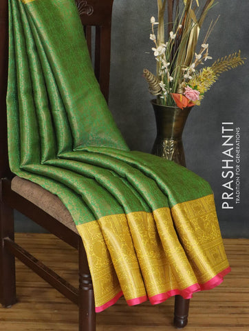 Banarasi kora saree green and yellow with allover zari weaves and zari woven border