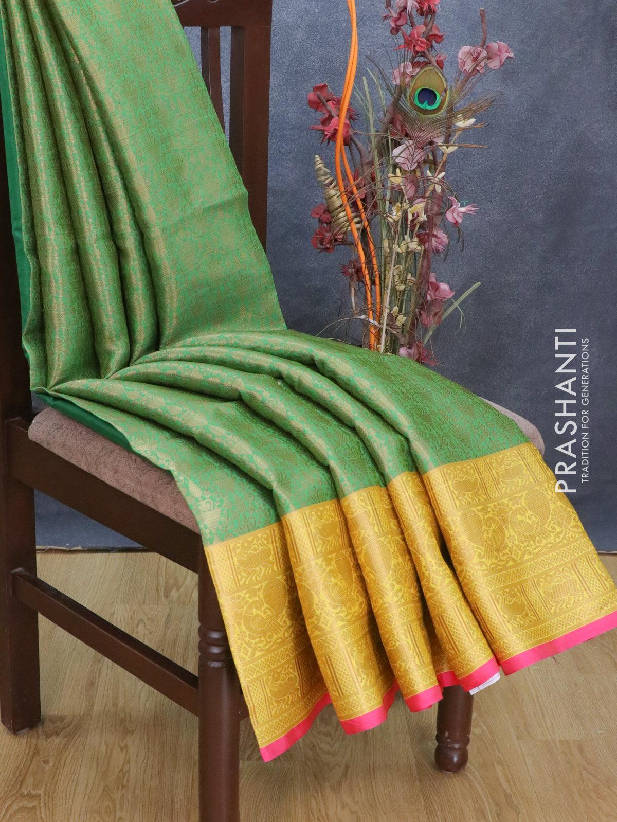 Banarasi kora saree green and yellow with allover zari weaves and zari woven border