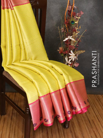 Banarasi kora saree lime yellow and pink with allover zari weaves and zari woven border