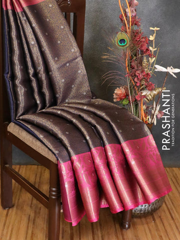 Banarasi kora saree navy blue and pink with allover zari weaves and floral zari woven border