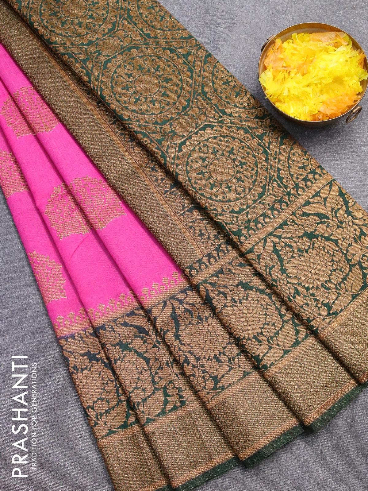 Banarasi semi dupion saree pink and bottle green with allover thread & zari woven buttas and long zari woven border