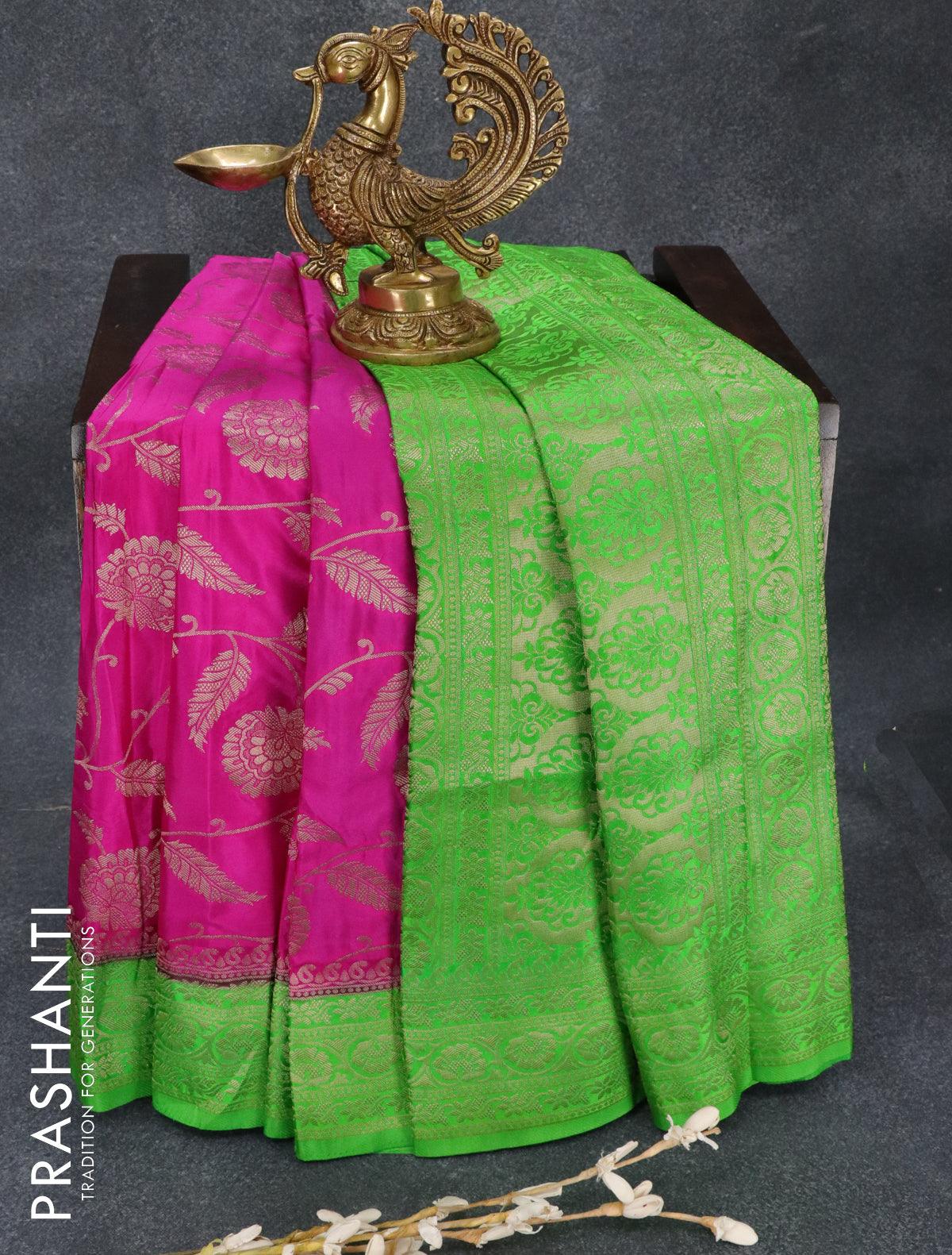 Banarasi semi katan saree pink and parrot green with allover floral zari weaves and zari woven border