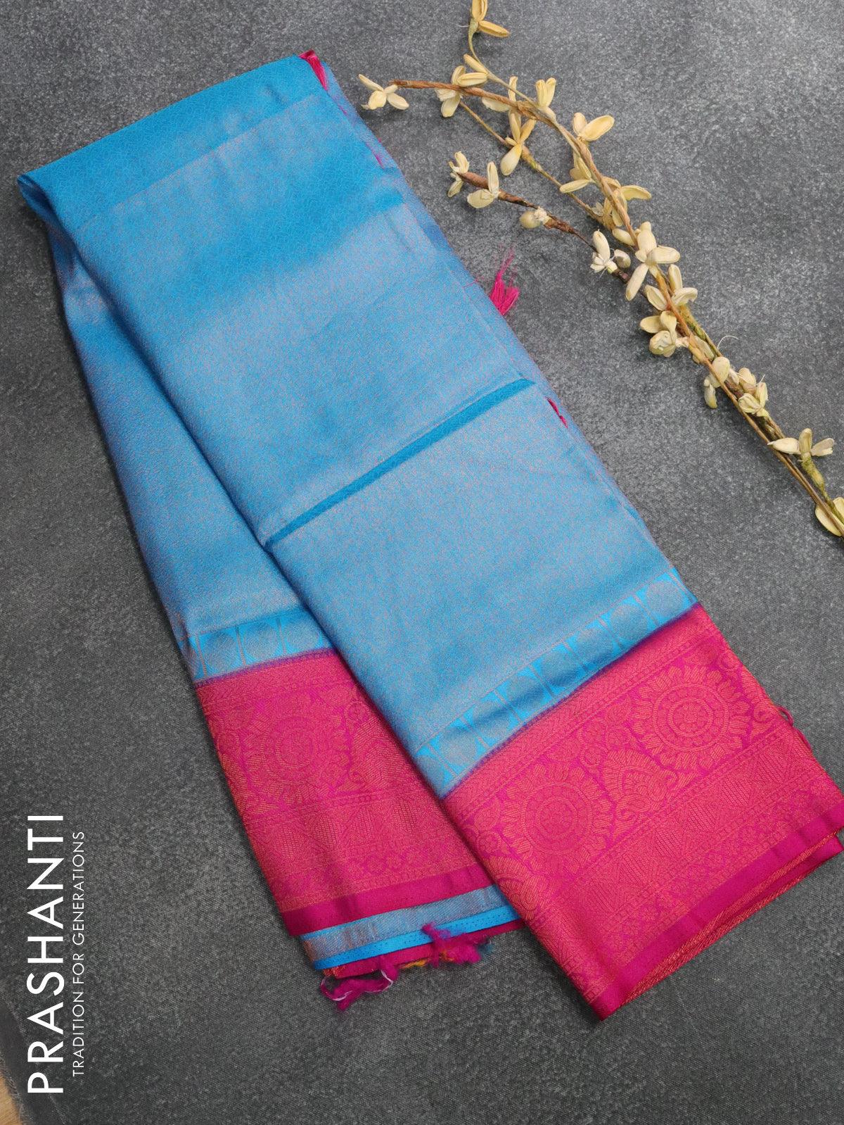 Banarasi Semi silk saree blue and pink with allover copper zari brocade weaves and copper zari woven border