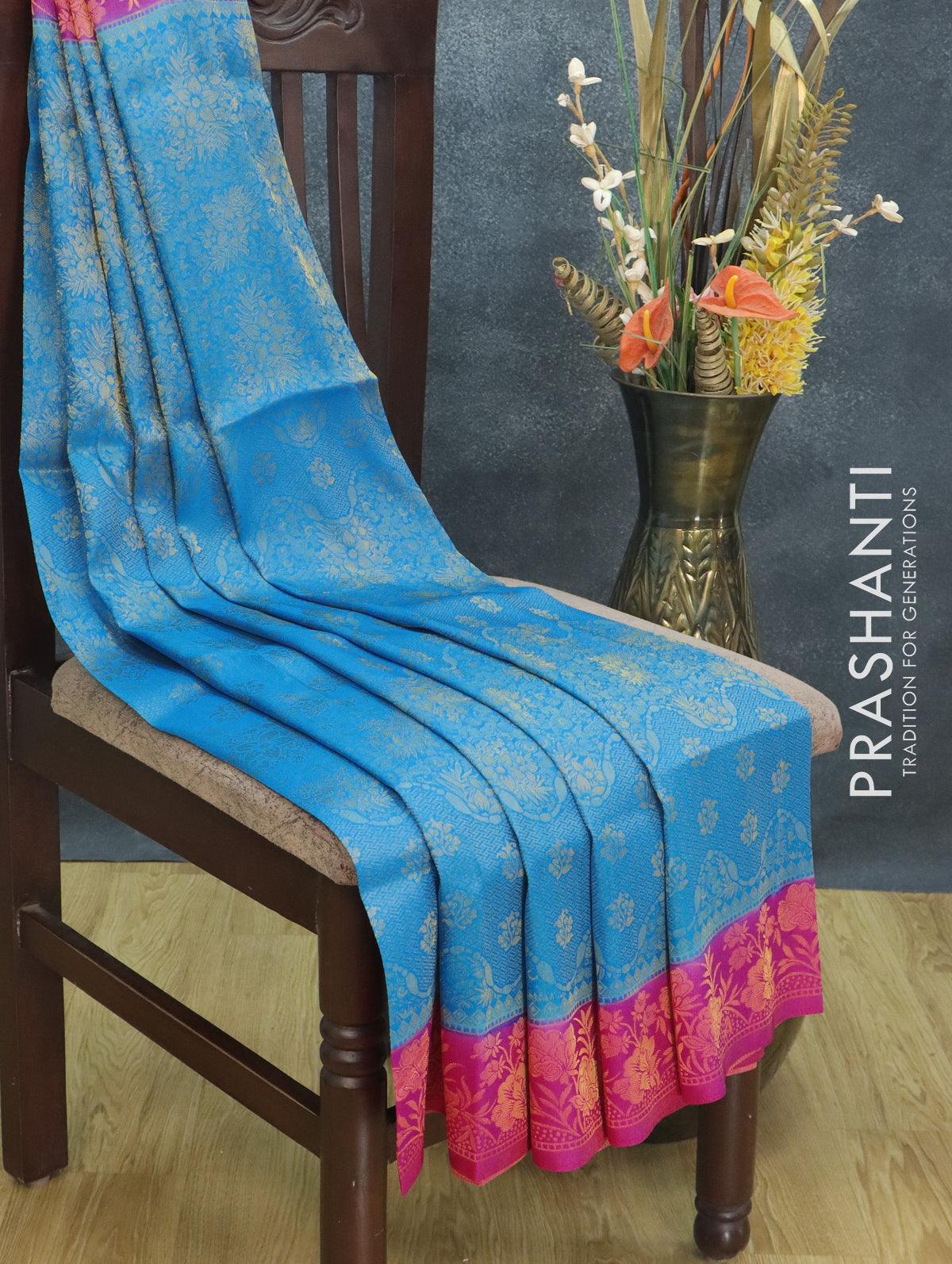 Banarasi semi silk saree cs blue and pink with allover zari weaves and zari woven border