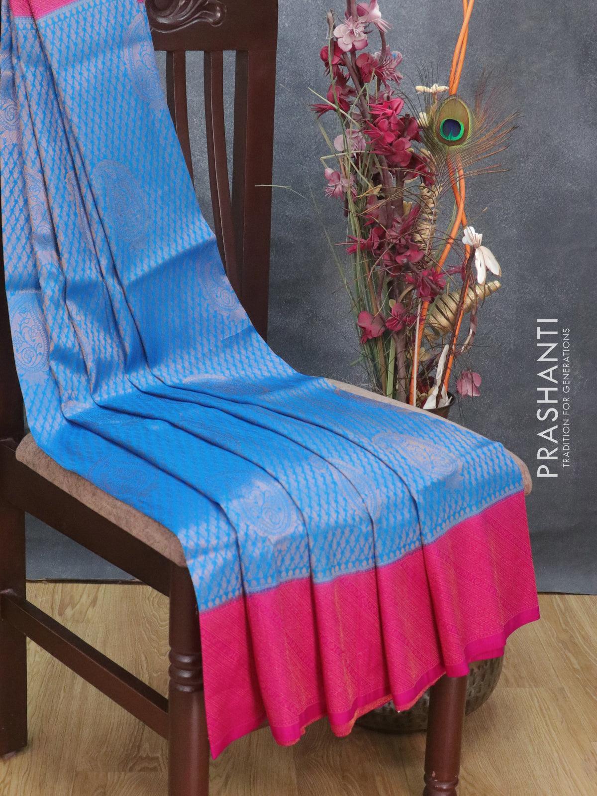 Banarasi semi silk saree cs blue and pink with allover zari weaves and zari woven border