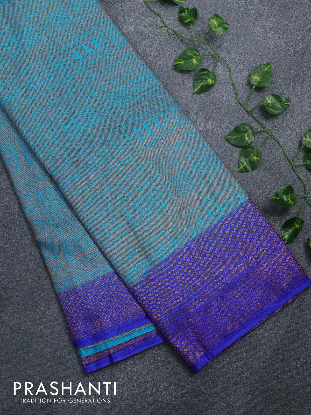 Banarasi semi silk saree light blue and royal blue with allover weaves and woven border