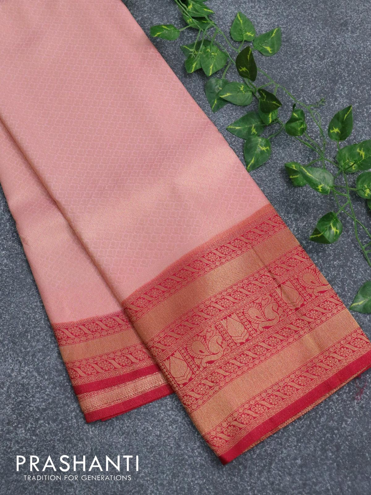 Banarasi semi silk saree light green and dark pink with allover zari weaves and zari woven border