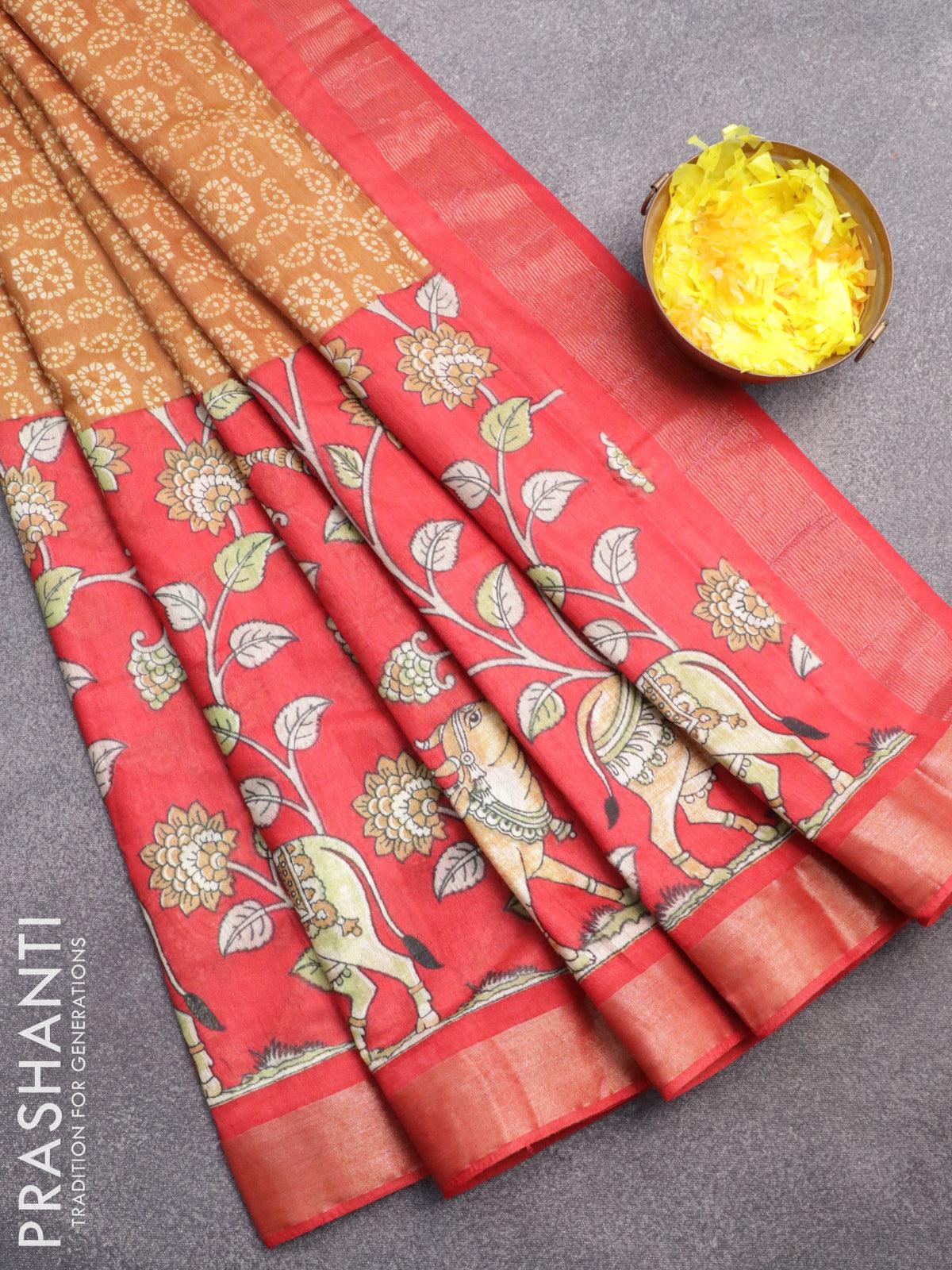 Bhagalpuri saree dark mustard and red with allover bandhani prints and long pichwai printed zari woven border