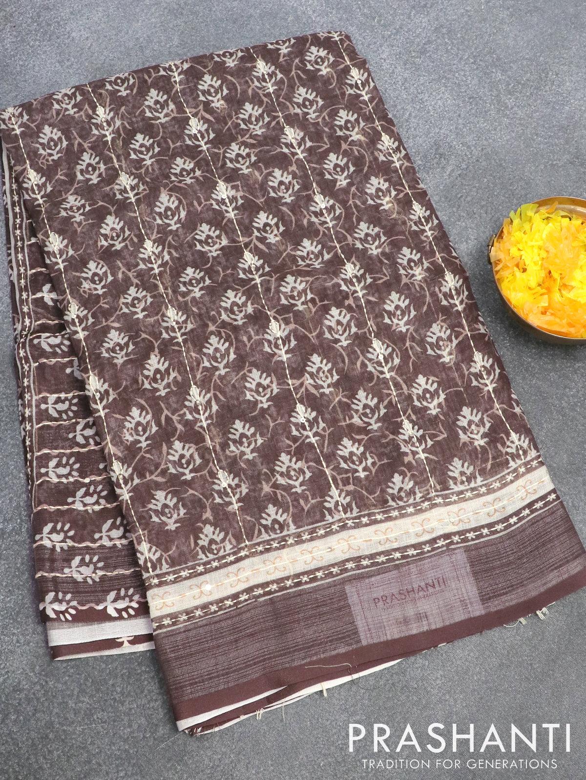 Bhagalpuri saree dark sap green with allover prints & kantha stitch work and silver zari woven border