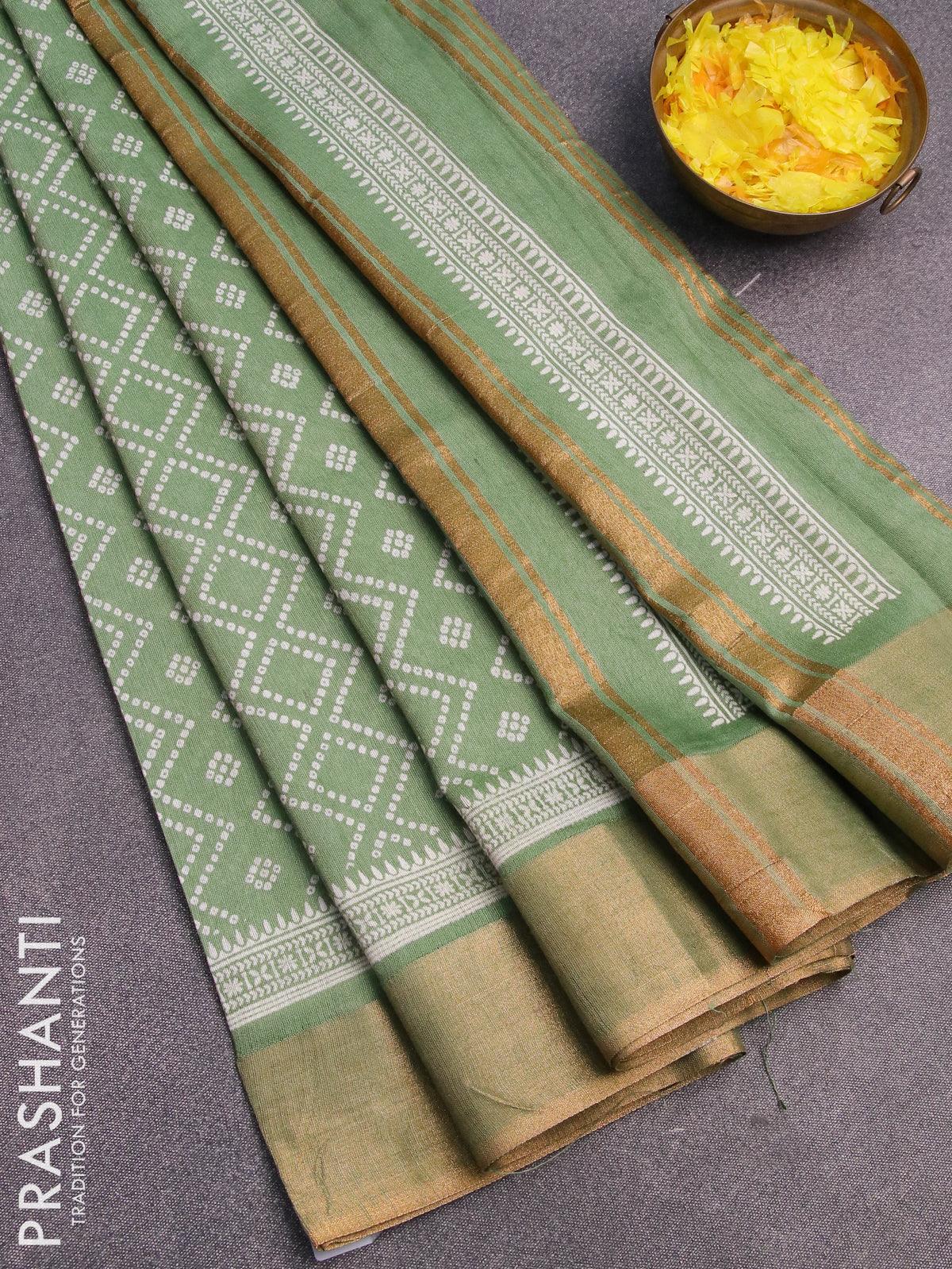 Bhagalpuri saree green shade with allover bandhani prints and zari woven border