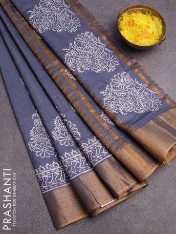 Bhagalpuri saree grey with butta prints and zari woven border