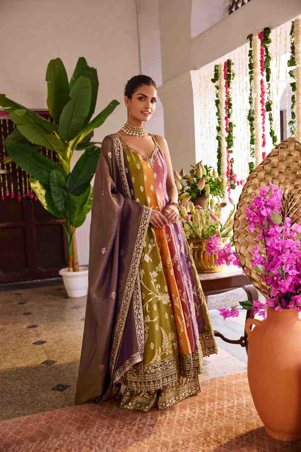 Multi Color Tissue Hand Embroidery Anarkali